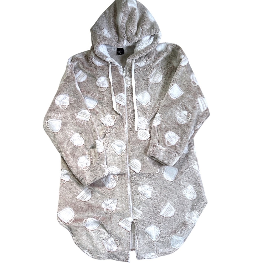 Cuddl Duds Zip Up Loungewear Hoodie Womens XL Tan Coffee Cup Plush Sherpa Lined
